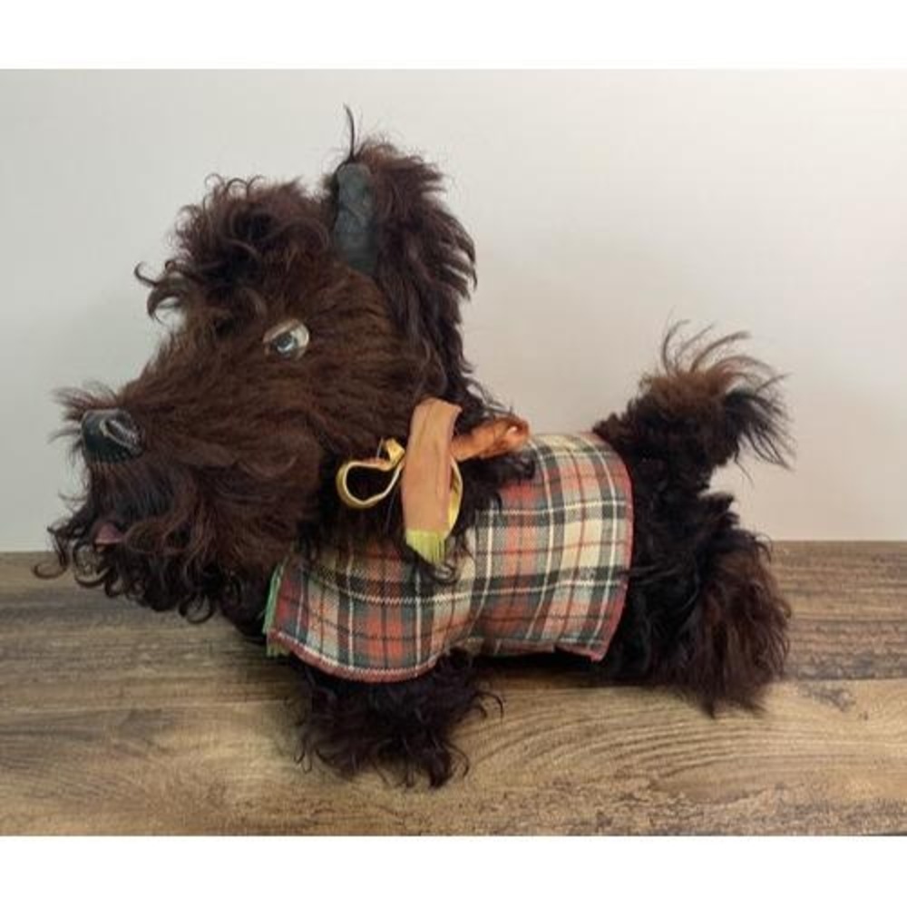Vintage Scottish Terrier Stuffed Dog Curly Hair  Stiff Body Leather Nose Scottie